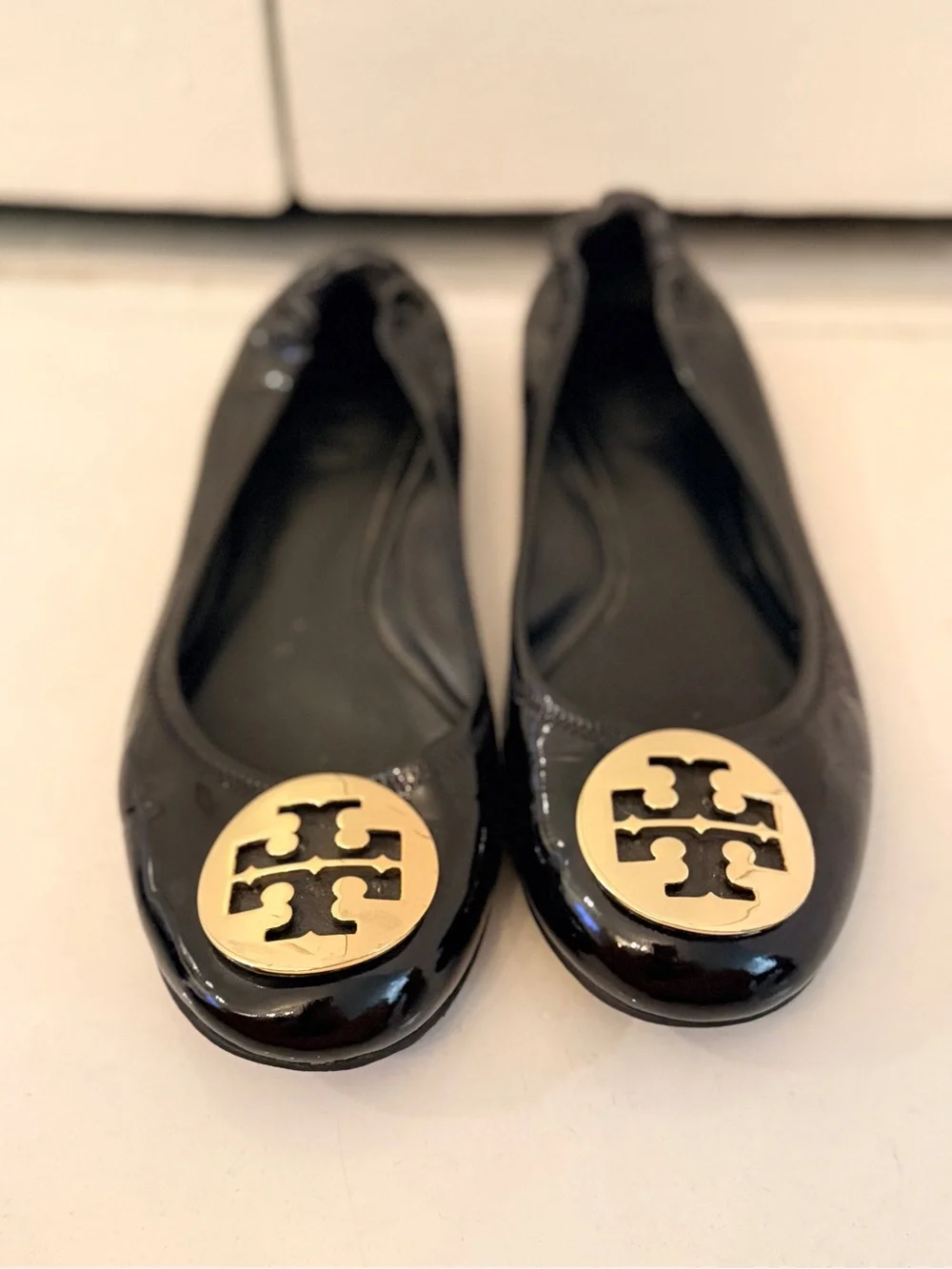 Tory Burch Black Patent Leather Logo Ballet Flats with Gold Emblem